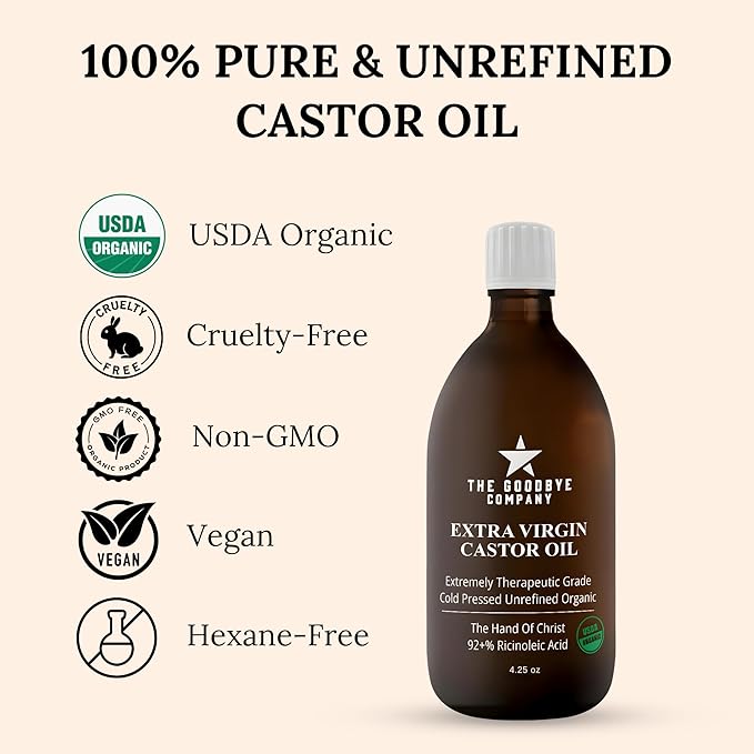 The Goodbye Company Organic Castor Oil for Hair, Skin & Eyelashes – 100% Pure, Cold-Pressed, Hexane-Free, Unrefined – Nourishing Beauty & Wellness Oil in Dark Glass Bottle – 4.25oz