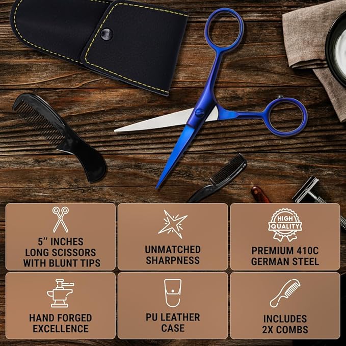 Ontaki Facial Hair Scissors - 5 Inch, Midnight Blue - High-Carbon German Steel Grooming Scissors for Beard & Mustache with Mustache Comb, Beard Comb & Leather Pouch