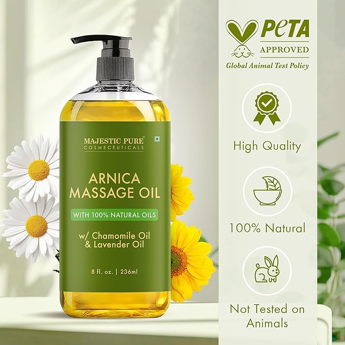 MAJESTIC PURE Arnica Massage Oil for Massage Therapy - Refreshing, and Relaxing - Natural Oils with Lavender & Chamomile Essential Oils - for All Skin Types - Men and Women - 8 fl oz