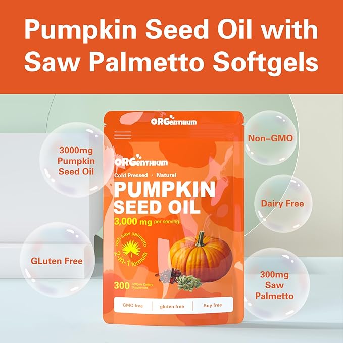 Pumpkin Seed Oil with Saw Palmetto, 3000mg Per Serving, 300 Softgels | Cold Pressed, Pure Virgin Oil, Essential Fatty Acids & Phytosterols | Supports Hair, Urinary, Bladder & Prostate Health | Non-GMO
