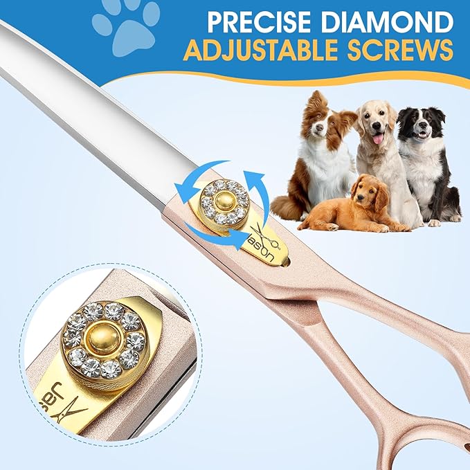 JASON Professional Dog Grooming Scissors - 7 Inch Curved Shear Japanese 440C Stainless Steel Dog Scissors with Diamond Screw, Rosegold, Sharp
