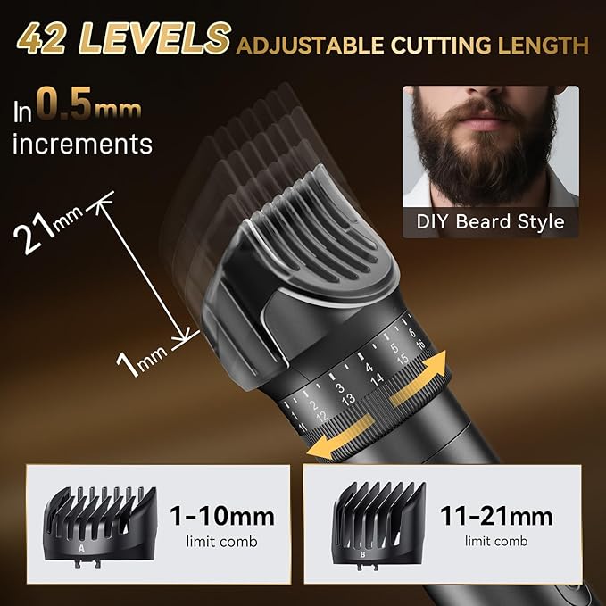 Beard Trimmer for Men - 42 Adjustable Length Settings Hair Clippers, Professional Body Hair Trimmer for Men Precision Facial Hair Trimming IPX6 Waterproof Nose Trimmers LED Display Mustache Trimmers