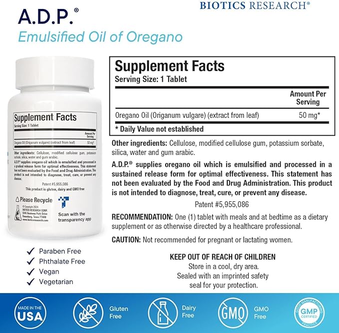 Biotics Research A.D.P. Emulsified Oil of Oregano Tablets for GI Health -Sustained Release for High Absorption Contains Carvacrol, Wild Oregano Oil 50mg/S - Patented Formula -Non GMO –60 Tablets