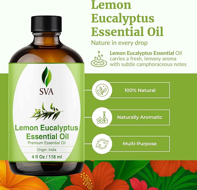 SVA Lemon Eucalyptus Essential Oil – 4 Fl Oz – 100% Natural Citriodora Oil - for Diffuser, Hair Care, Face, Skin Care, Aromatherapy, Scalp and Body Massage, Soap and Candle Making – with Dropper