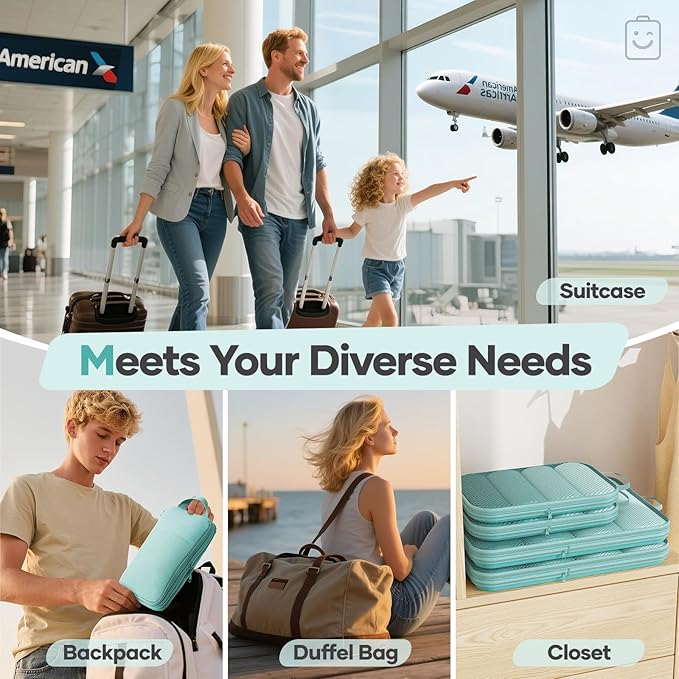 Veken 9/11 Set Compression Packing Cubes for Travel Essentials,Compressible Expandable Large Luggage Suitcase Organizer Bags for Clothing,Durable Space Saver Storage Bags(Blue Green)