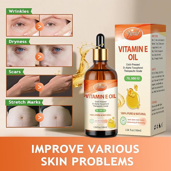 Vitamin E Oil - 100% Pure & Natural, 70,000 IU Cold-Pressed Organic Vitamin E Oil for Skin, Face, Hair, Nails & Scars, D-Alpha Tocopherol Rich, Deep Moisturizing and Firming Skin