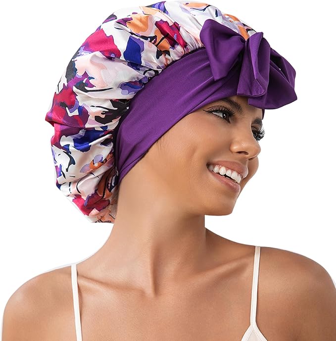 GDTOGRT Satin Silk Bonnet for Sleeping Women - Double Layer Sleep Hair Bonnets Caps for Curly Braid Hair with Tie Band