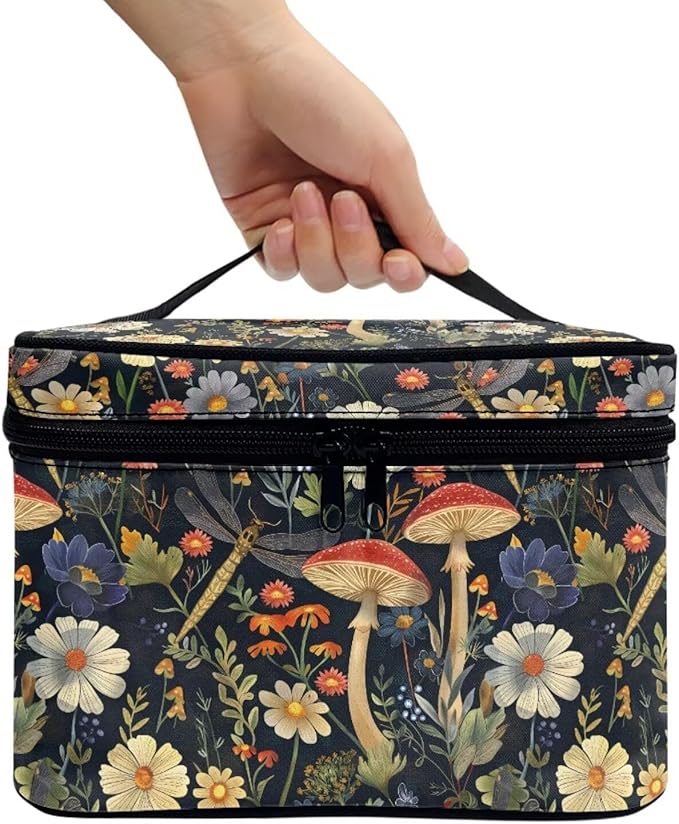 JoyLamoria Portable Makeup Case Retro Mushroom Printed Cosmetics Tote Pouch Zipper Closure