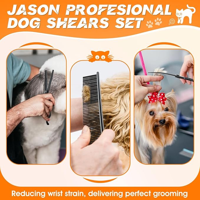 JASON Professional Dog Grooming Scissors Set - 6 in 1 Dog Shears Kit with 6.5" Thinning, 7" Straight, 7" Up-Curved, 7" Down-Curved Shears and Comb for Cat and Pet, Adjustable Screw (Black)