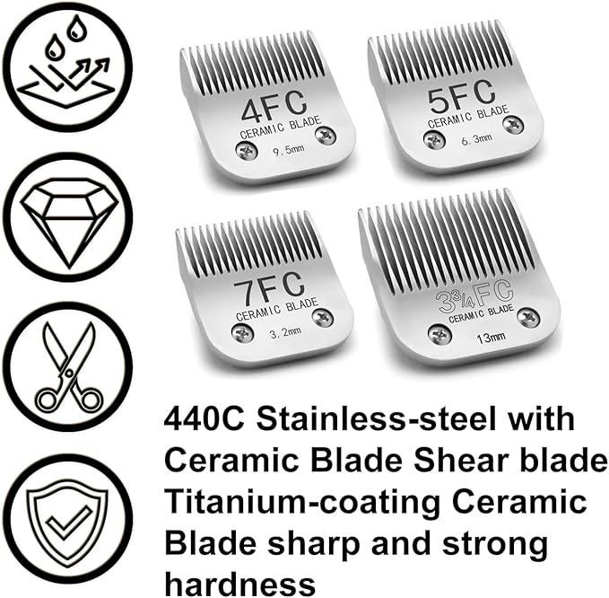 3FC/4FC/5FC/7FC Silver Detachable Clipper Ceramic Blades, Dog Grooming Clipper Replacement Blades Compatible with KM Series Clippers, Most A5, Size-3FC/4FC/5FC/7FC, Cut Length 3.2mm to 13mm, 4 Packs