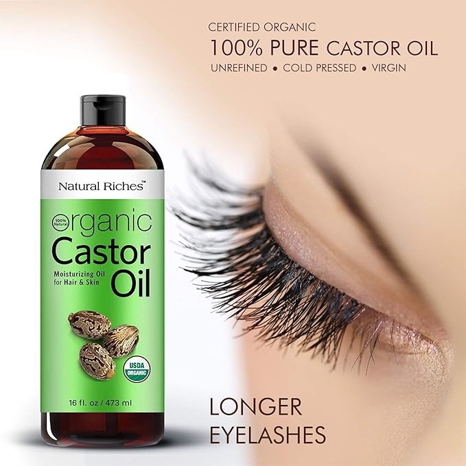 Natural Riches Organic Castor Oil - Cold Pressed, USDA Certified for Hair Growth, Thicker Eyelashes, Eyebrows - Moisturizes Dry Skin and Hair, Helps with Dandruff - Hexane-Free, 16 fl. oz.
