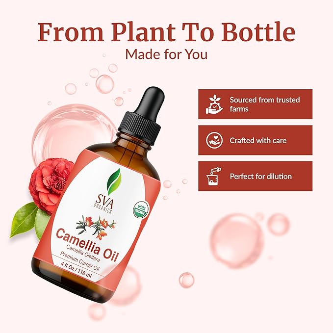 SVA Camellia Seed Oil Organic - 4 Fl Oz – 100% Natural Cold Pressed Organic Camellia Oil - for Face, Skin Care, Hair Care, Scalp Massage & Body Massage – Carrier Oil with Dropper