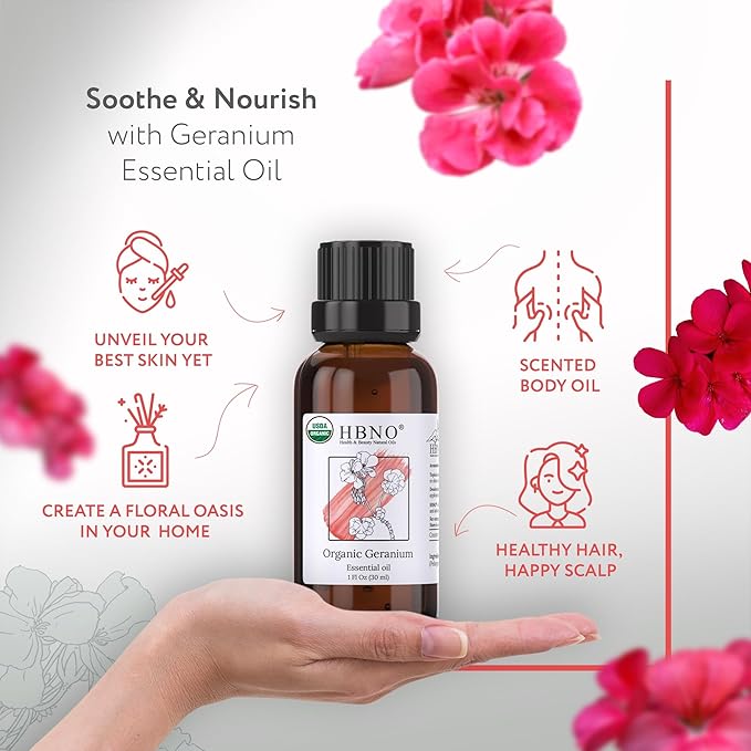 HBNO Organic Geranium Essential Oil - 1 oz (30ml) - USDA Certified Organic Geranium Essential Oil for Aromatherapy, Soap Making, DIY, Fragrances, Diffuser.