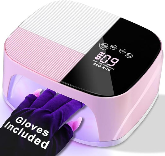 LIMEGIRL UV LED Nail Lamp Kit for Gel Polish Professional Fast Curing Pink Dryer Light Set with 45PCS Lamp Beads and Gloves and Auto Sensor Cordless Rechargeable Nail Art Cure Machine for Manicure