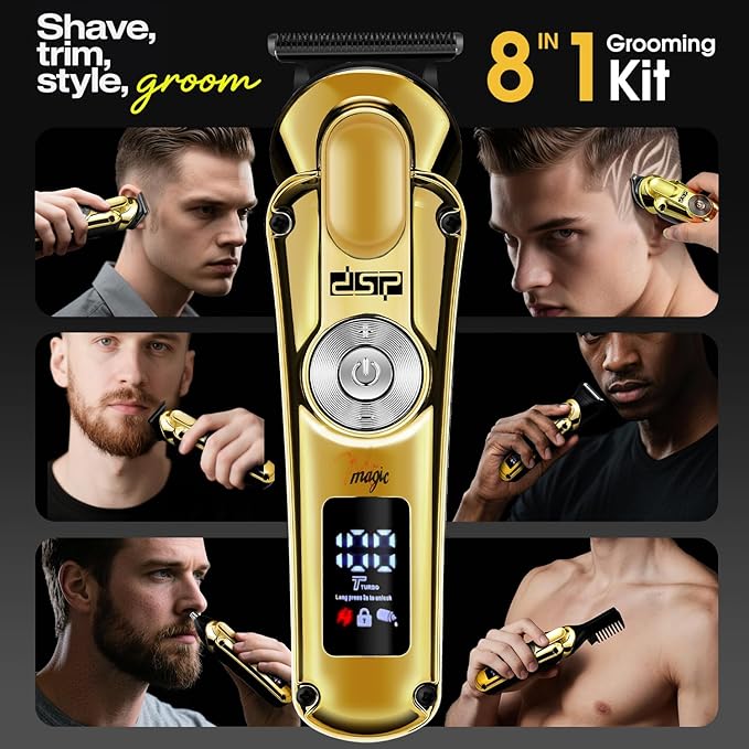 DSP Men's Grooming Kit, Beard Trimmer for Men, Nose Trimmer, Body Trimmer, Foil Shaver, T-Blade, Mustache, Cordless Hair Trimmer, IPX6 Waterproof,2 Speeds Adjustable, Gift for Men (Gold)