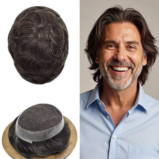 FACE MIRACLE Mens Toupee Lace Front Hairpieces Soft Human Hair Replacement System Natural Hairline Toupee for Men Poly V-Looped Mens hair Units 7"X9" #220 2# DARKEST BROWN WITH 20% SYNTHETIC GREY