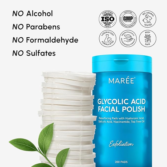 MAREE Glycolic Toner Pads – 200 Toner Pads for Face Cleansing – Facial Exfoliating Pad with Tea Tree Oil, Salicylic Acid & Vitamins E, B3, B5 – Acne Clearing, Skin Pore Resurfacing & Radiance Device