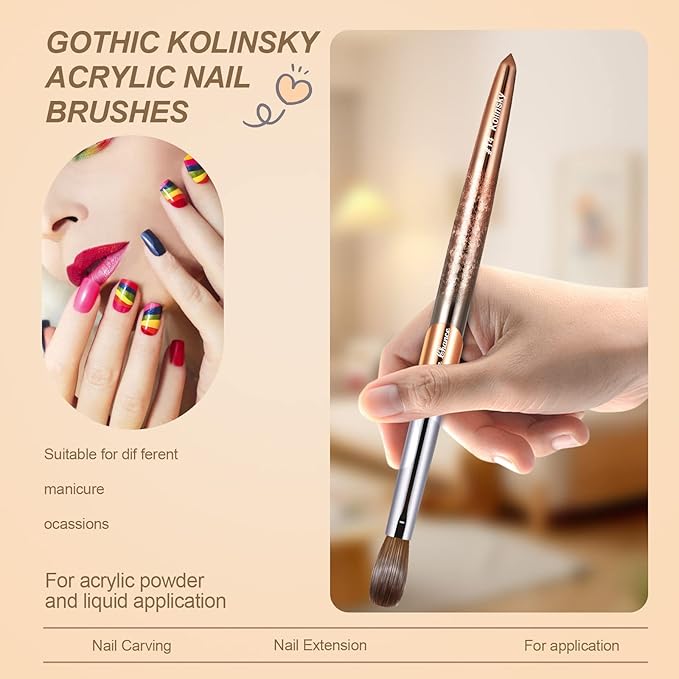 Acrylic Nail Brush Size 14, 100% Real Kolinsky Art Nail Brush for Acrylic Powder Application, Handmade Women Manicure Nail Extension Tool for Professional DIY Home Salon and Beginners