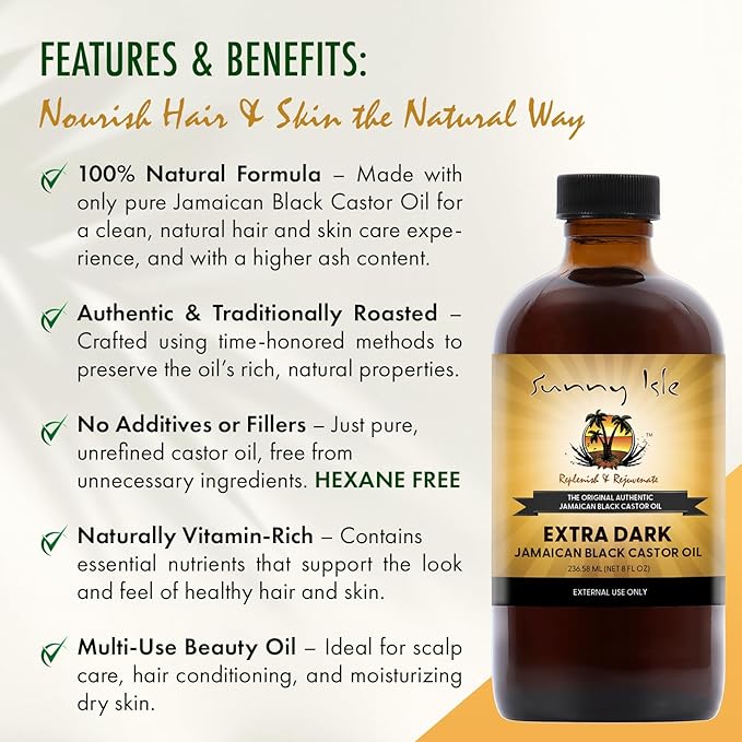 Sunny Isle Extra Dark Jamaican Black Castor Oil, 8 fl. oz. | 100% Natural High Potency Treatment for Hair, Scalp