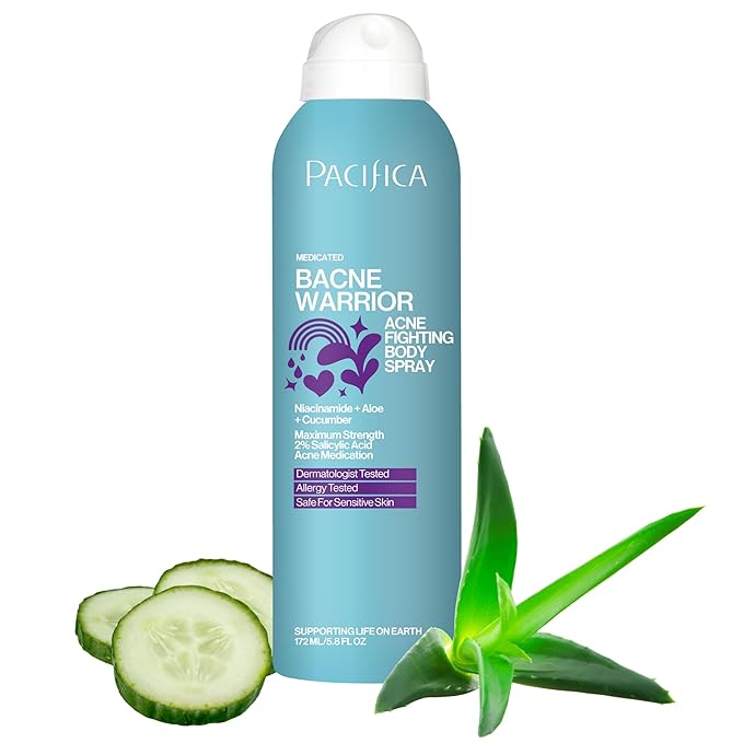 Pacifica Bacne Warrior - Bacne Salicylic Acid Spray, Back Acne Treatment Spray with 2% Salicylic Acid, Niacinamide, and Aloe, Body Acne Warrior for Body, Chest, and Back, Dermatologist Tested- 6 Fl Oz