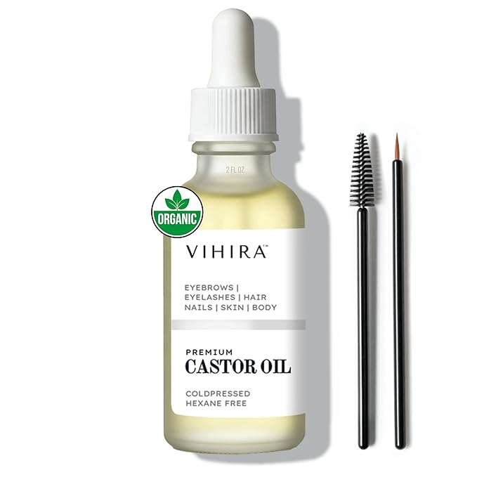 Premium Organic Castor Oil (2 Fl Oz), Cold Pressed, 100% Pure, Extra Virgin, Hexane Free, Castor Oil for Hair Growth, Eyelash, Eyebrow, Cuticles, Nails, Skin, Belly Button, Muscle & Wellness.
