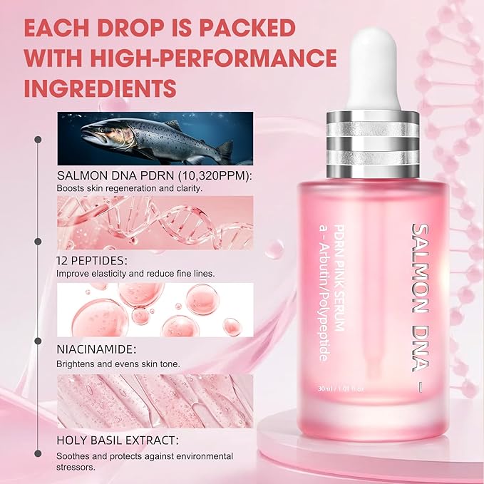 Pink Peptide 12 PDRN Serum – Salmon DNA 10,320ppm, 12 Peptides + Niacinamide for Hydrating, Firming & Glowing Skin – 30ml / 1.01 fl.oz.