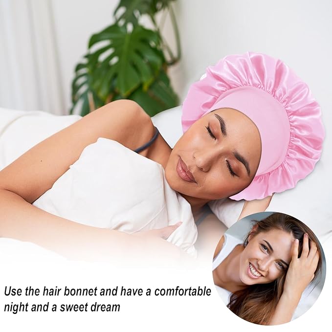 4Pcs Silk Satin Hair Bonnets for Sleeping - Elastic Wide Band Satin Hair Wrap for Sleeping Black Women Men,Silk Bonnets for Curly Hair(Black & Pink & Blue & Purple)