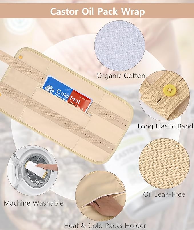 Castor Oil Pack Wrap & 8fl.oz Glass Bottle Set, Organic Cold-Pressed Unrefined Castor Oil Included