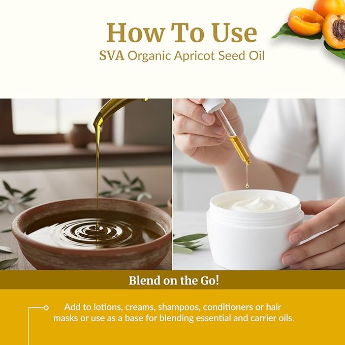SVA Apricot Seed Oil Organic - 4 Fl Oz – 100% Natural Cold Pressed Organic Apricot Oil - for Face, Skin Care, Hair Care, Scalp Massage & Body Massage – Carrier Oil with Dropper