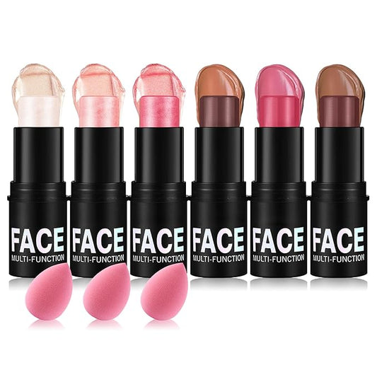 6PCS Face Contour Stick Makeup Kit,Shades with Highlighter Makeup,Blush for Cheeks and Bronzing Stick,Perfect to Sculpt the Face,Waterproof Lightweight Contour Kit with Make Up Sponges