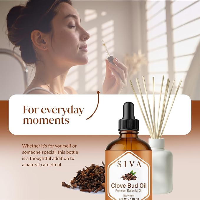 Siva Clove Bud Essential Oil - 4 Fl Oz – 100% Natural Clove Oil - for Diffuser, Face, Skin Care, Aromatherapy, Hair Care, Scalp and Body Massage - with Dropper