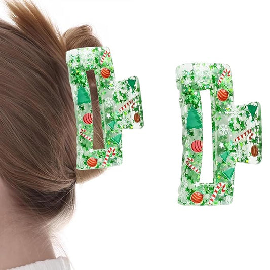 Christmas Hair Clips, Square Hair Claw Clips for Thick/Thin Hair, Green Glitter Snowflake Christmas Tree Design Medium Claw Clips, Strong Hold & Non-Slip Hair Styling Accessories for Xmas 1PCS
