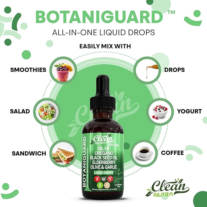 Clean Nutra Oil of Oregano Drops Black Seed Oil Elderberry Vitamin D D3 K2 Olive Garlic Immune Support Supplement Wellness Formula Zinc Supplements Liquid 2 Fl Oz BotaniGuard Vegan, Non-GMO