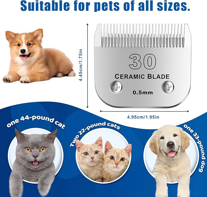 30# Detachable Pet Dog Grooming Clipper Ceramic Blade,Compatible with Andis Size 30 Cut Length 1/50"(1.5mm),Compatible with andis/wahl/Oster Dog Clippers 2PCS