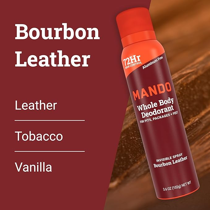 Mando Whole Body Deodorant For Men - Invisible Spray Deodorant - 72 Hour Odor Control - Low Irritation Formula - Aluminum Free, Benzene Free - 3.6 ounce Cans (Pack of 2) - Bourbon Leather