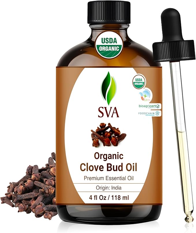 SVA Clove Essential Oil Organic – 4 Fl Oz – 100% Natural Organic Clove Oil - for Diffuser, Hair Care, Face, Skin Care, Aromatherapy, Scalp and Body Massage, Soap and Candle Making - with Dropper