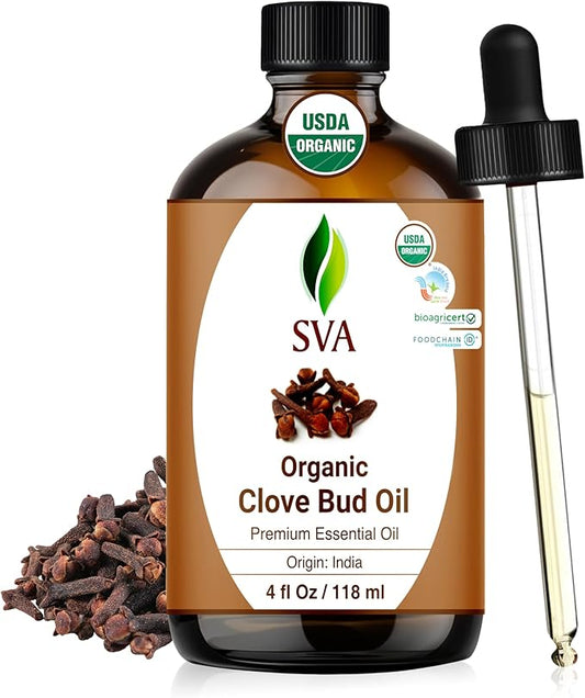 SVA Clove Essential Oil Organic – 4 Fl Oz – 100% Natural Organic Clove Oil - for Diffuser, Hair Care, Face, Skin Care, Aromatherapy, Scalp and Body Massage, Soap and Candle Making - with Dropper