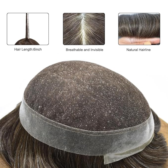 Toupee for Men French Lace Center Human Hair Replacement Systems Transparent Lace Center Hair Piece Mens Toupee Hair Units for Man V-Looped Front 8"X10" #340 3# DARK BROWN WITH 40% SYNTHETIC GREY