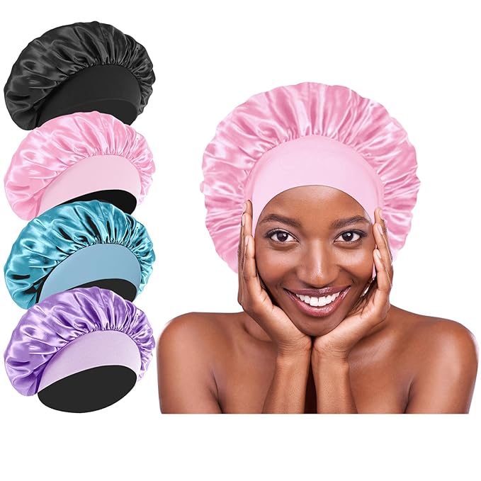 4Pcs Silk Satin Hair Bonnets for Sleeping - Elastic Wide Band Satin Hair Wrap for Sleeping Black Women Men,Silk Bonnets for Curly Hair(Black & Pink & Blue & Purple)