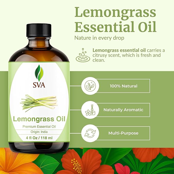 SVA Lemongrass Essential Oil – 4 Fl Oz – 100% Natural Lemongrass Oil - for Diffuser, Hair Care, Face, Skin Care, Aromatherapy, Scalp and Body Massage, Soap and Candle Making - with Dropper