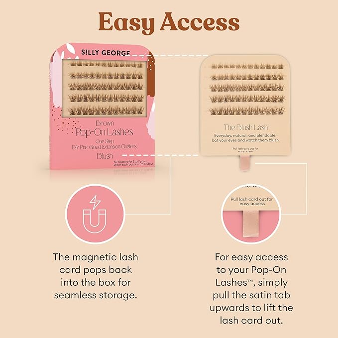 Silly George Pop-On Lashes - DIY 1-Step Pre-Glued Faux Eyelash Clusters, Natural Look Extensions, Brown - Blush, 5-7 Pair Set, Pack of 60 Clusters