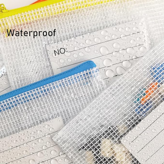 AUSTARK Plastic Mesh Zipper Pouch, 12Pcs Zipper File Bags with Label Pocket, Game Boards Storage Bags, Waterproof Document Storage Bags for Office Home Travel (Receipt Size 9.2x4.1 in)