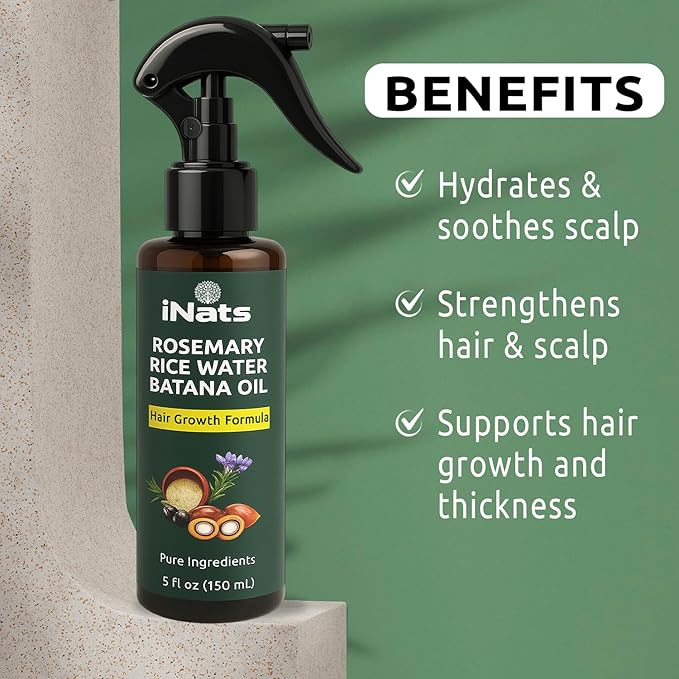 Rosemary Water Spray for Hair Growth w/Rice Water, Biotin, Batana & Peppermint Oil – Non-Sticky Organic Hair Growth Spray to Control Hair fall & Strengthen Strands - For Men & Women – 5 fl oz
