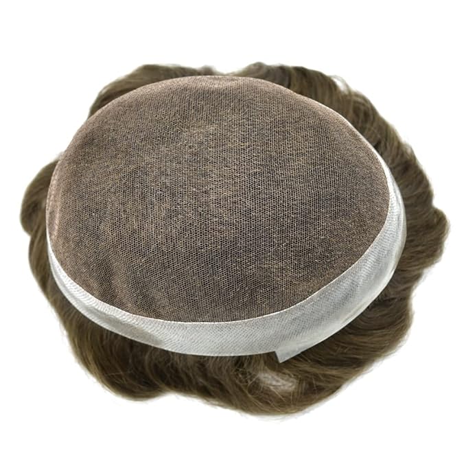 FACE MIRACLE Toupee for Men French Lace Hairpiece Human Hair Replacement System Skin PU Mens Toupee Hair Wigs for Man V-Looped Front Hair Prosthesis 8"X10" 6# LIGHT BROWN