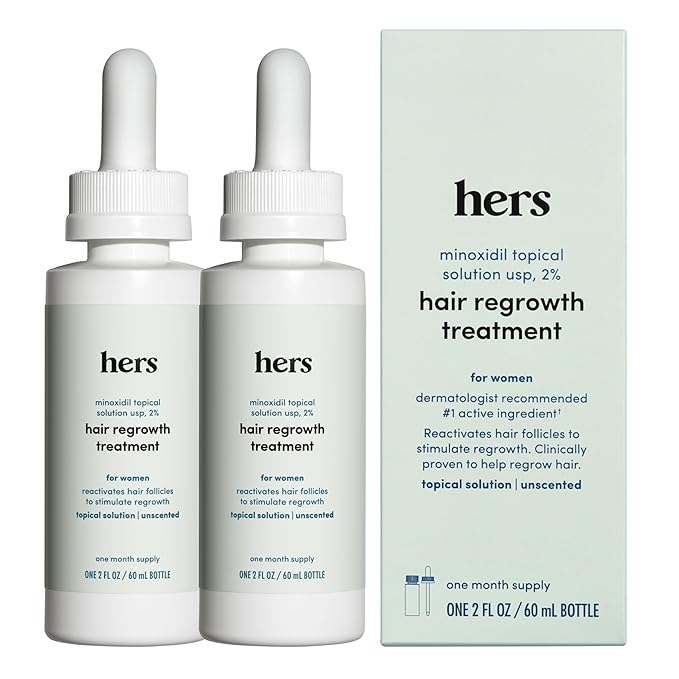 hers Hair Regrowth Treatment - Topical Minoxidil 2% Solution for Women - Supports Thicker, Fuller Hair - Non-Greasy - Unscented, 2 Pack