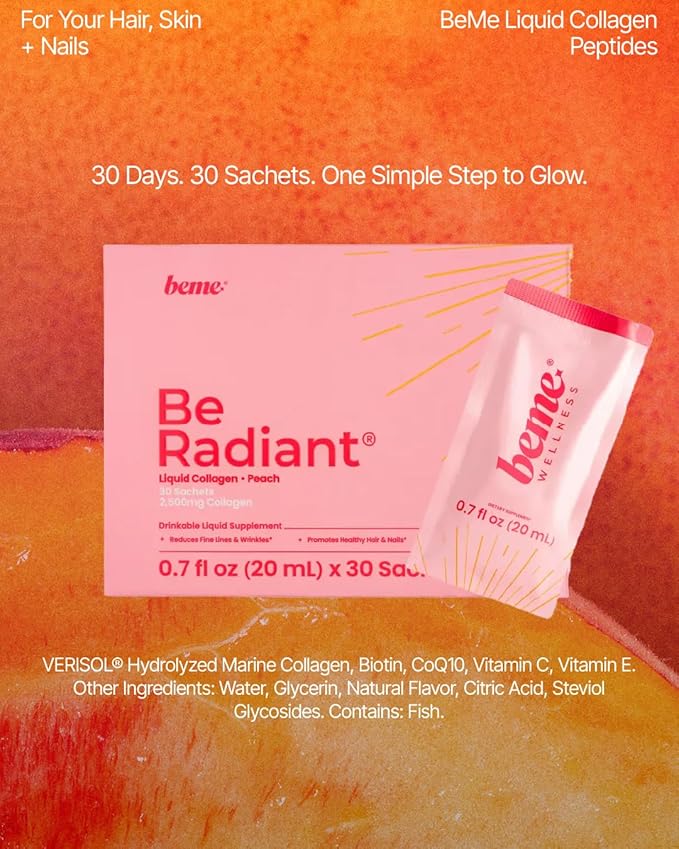 BeMe Liquid Collagen for Women - 2500mg Verisol Collagen Liquid with Biotin, CoQ10 & Vitamin C - Clinically Proven Collagen Peptides for Hair, Skin & Nails - 15 Peach Sachets