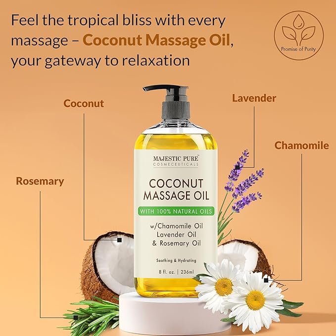 MAJESTIC PURE Coconut Massage Oil for Massage Therapy - Refreshing, and Relaxing - Natural Oils - for All Skin Types - Men and Women - 8 fl oz