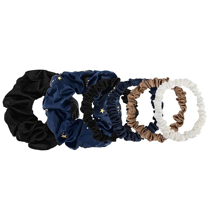 SILKIE x6 Set 100% Pure Mulberry Silk Christmas Dark Neutral Skinny Scrunchies Travel Pouch Everyday Hair Ties Elastics Hair Care Ponytail Holder No Damage (Celestial)