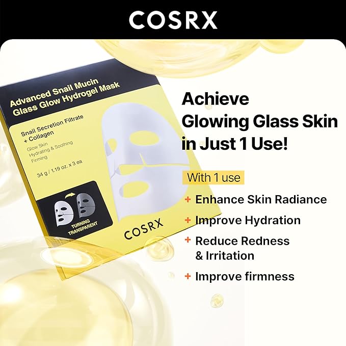 COSRX Advanced Snail Mucin Glass Glow Hydrogel Face Masks Skincare 3 EA, Collagen Face Mask, Travel Essentials, Overnight Face Mask, Korean Skin Care, Stocking Stuffers for Women