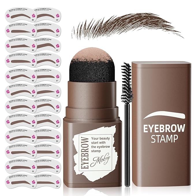 Eyebrow Stamp Stencil Kit - Eyebrow Powder with Brush Long-Lasting & Waterproof Brow Shaping Kit with 24 Reusable Thin & Thick Eyebrow Stencils for Natural Eyebrow Color (Black Brown)